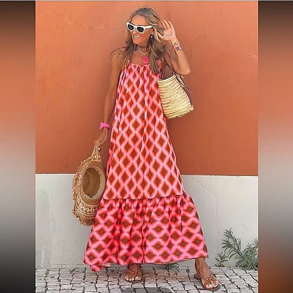 BOHEMIAN RED & PINK ARGYLE PRINT MAXI DRESS NWT - Picture 3 of 13